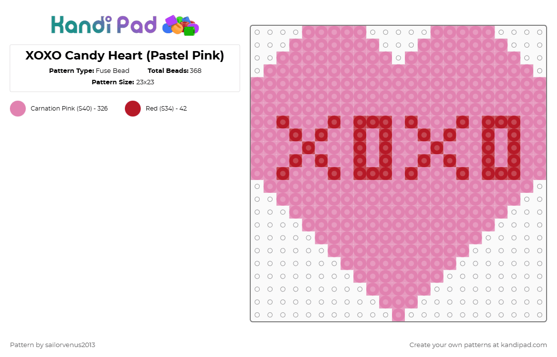 XOXO Candy Heart (Pastel Pink) - Fuse Bead Pattern by sailorvenus2013 on Kandi Pad - pink,heart,valentines day,holiday,love,candy,holidays,food