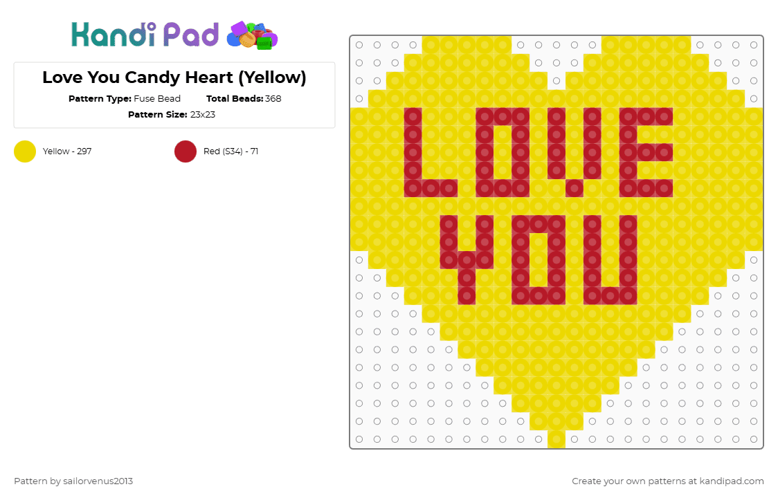Love You Candy Heart (Yellow) - Fuse Bead Pattern by sailorvenus2013 on Kandi Pad - yellow,heart,valentines day,holiday,love,candy,holidays,food