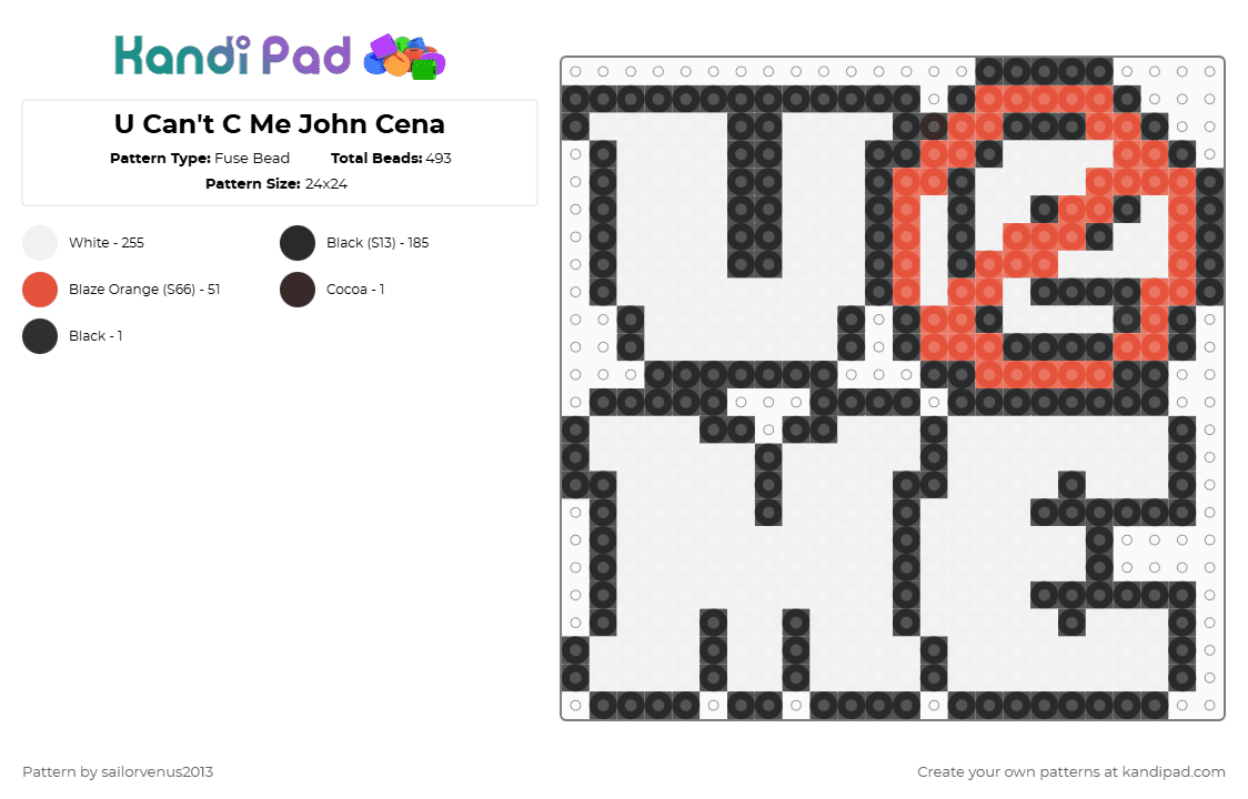 U Can\'t C Me John Cena - Fuse Bead Pattern by sailorvenus2013 on Kandi Pad - white,red,wrestling,wwe,john cena,logo