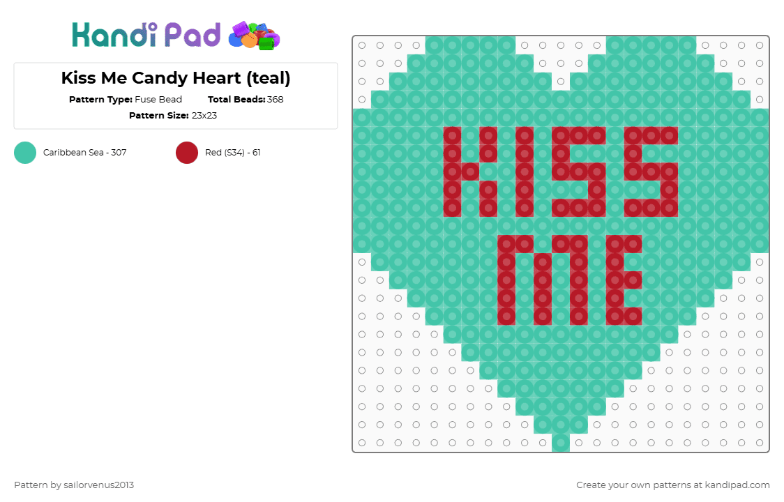 Kiss Me Candy Heart (teal) - Fuse Bead Pattern by sailorvenus2013 on Kandi Pad - teal,heart,valentines day,holiday,love,candy,food,holidays