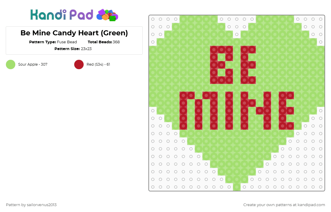 Be Mine Candy Heart (Green) - Fuse Bead Pattern by sailorvenus2013 on Kandi Pad - green,candy,heart,valentines day,love,holiday,food,holidays