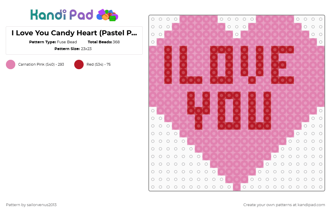 I Love You Candy Heart (Pastel Pink) - Fuse Bead Pattern by sailorvenus2013 on Kandi Pad - pink,heart,valentines day,holiday,love,candy,holidays,food