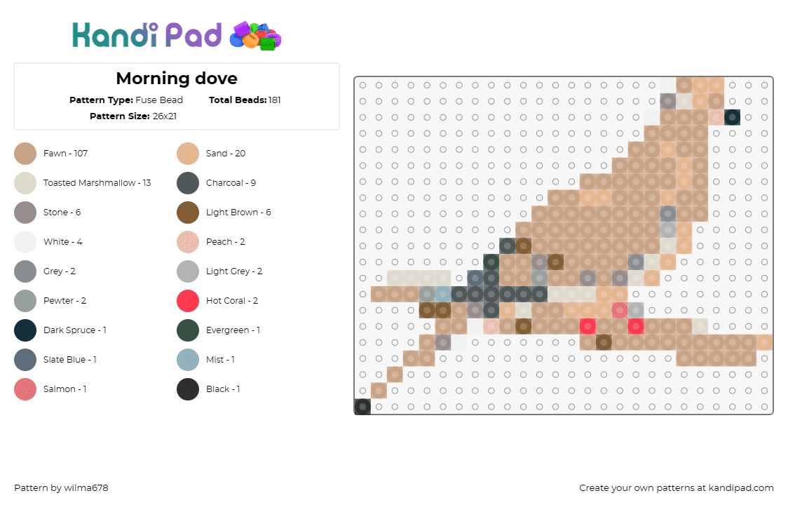 Morning dove - Fuse Bead Pattern by wilma678 on Kandi Pad - dove,bird,animal,peaceful,elegance,calm,grace,tan