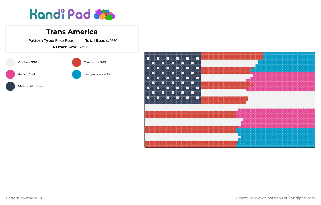 Trans America - Fuse Bead Pattern by marhulu on Kandi Pad - red,pink,trans,usa,no kings,transgender,america,patriotism,fdt,flag