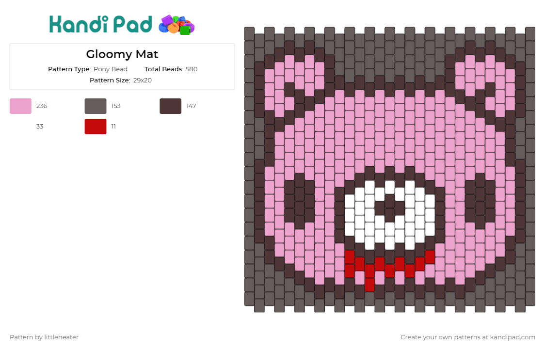 Gloomy Mat - Pony Bead Pattern by littleheater on Kandi Pad - gloomy bear,zombie,spooky,halloween,playful,iconic,macabre,panel,charm,pink,gray