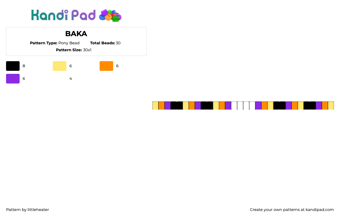 BAKA - Pony Bead Pattern by littleheater on Kandi Pad - colorful,halloween,single,bracelet,anime,yellow,orange,purple