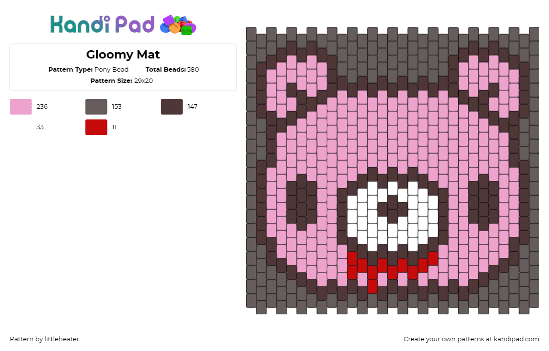 Gloomy Mat - Pony Bead Pattern by littleheater on Kandi Pad - gloomy bear,zombie,spooky,halloween,playful,macabre,panel,pink,gray