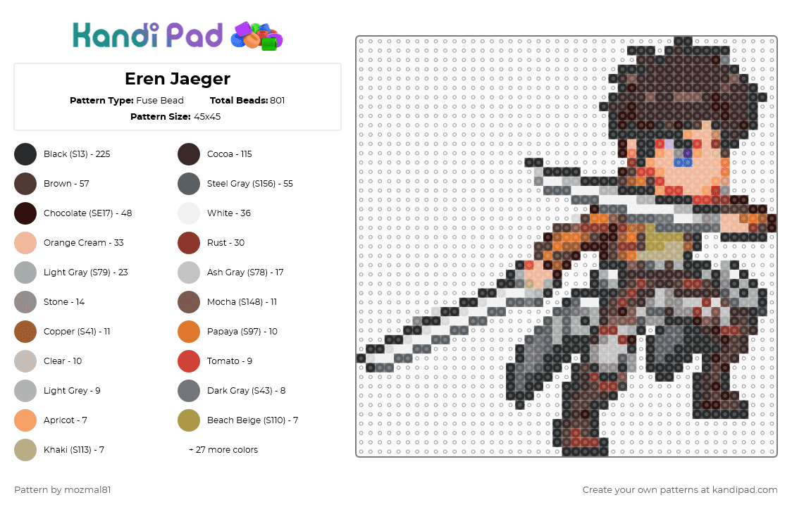 Eren Jaeger - Fuse Bead Pattern by mozmal81 on Kandi Pad - brown,gray,beige