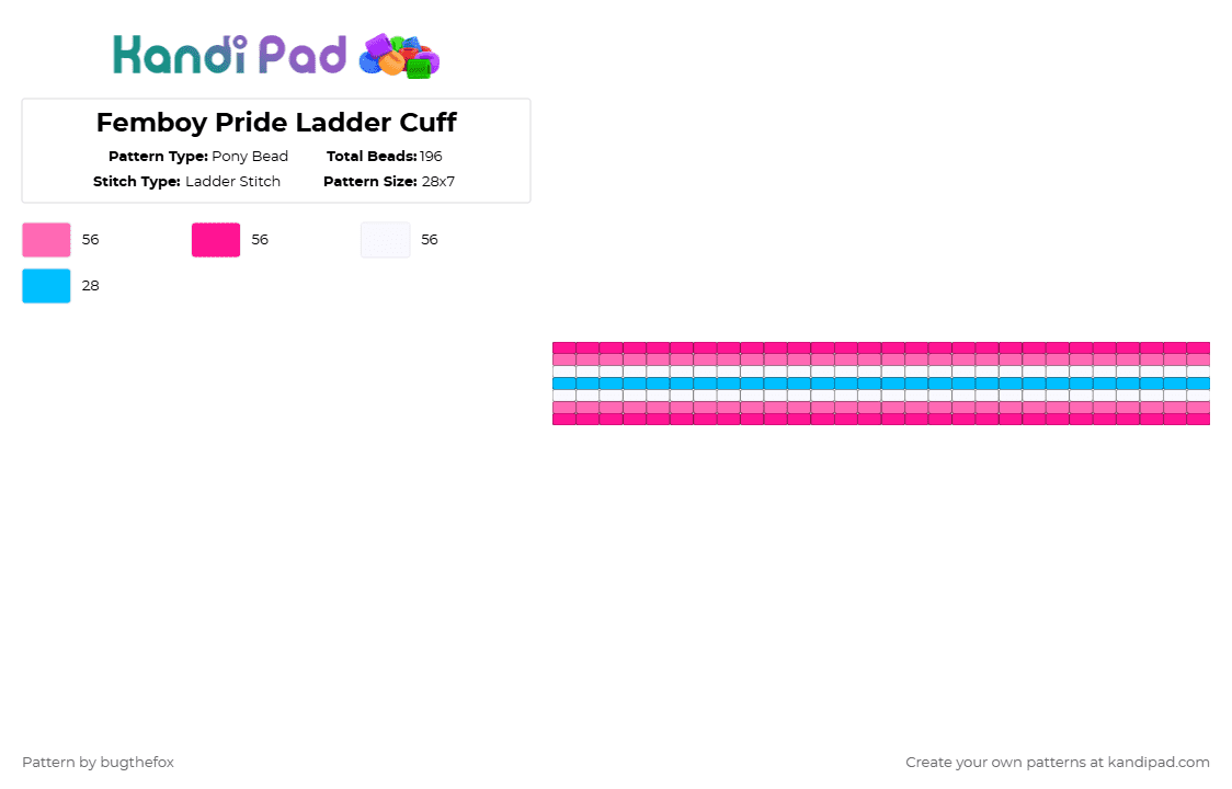 Femboy Pride Ladder Cuff - Pony Bead Pattern by bugthefox on Kandi Pad - pink,femboy,pride,lgbtq,ladder,cuff,kandi,flag,gay