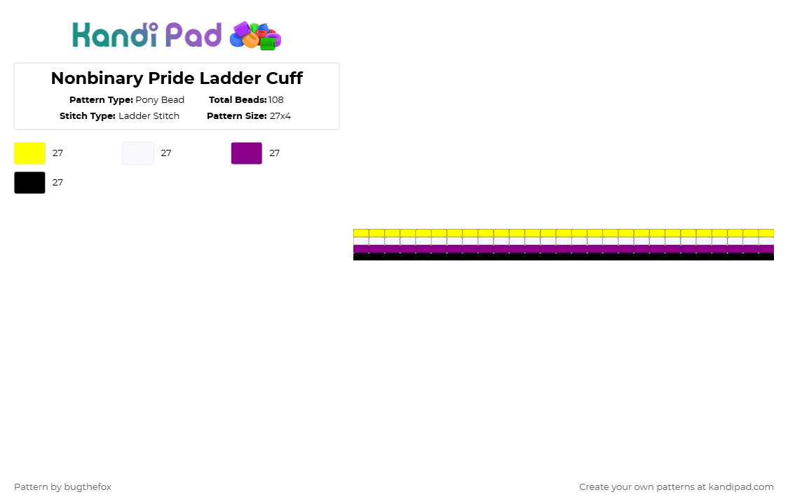 Nonbinary Pride Ladder Cuff - Pony Bead Pattern by bugthefox on Kandi Pad - yellow,pink,nonbinary,pride,ladder,cuff,kandi,gay,lgbtqia,flag