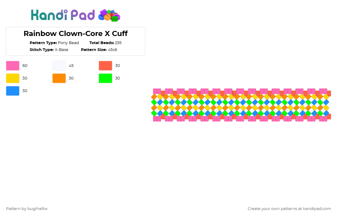 Rainbow Clown-Core X Cuff - Pony Bead Pattern by bugthefox on Kandi Pad - pink,rainbow,clown,core,x,cuff,kandi,silly,fun