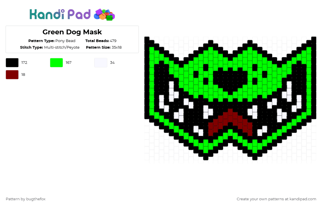 Green Dog Mask - Pony Bead Pattern by bugthefox on Kandi Pad - black,green,dog,mask,kandi,furry,cute,teeth,nom
