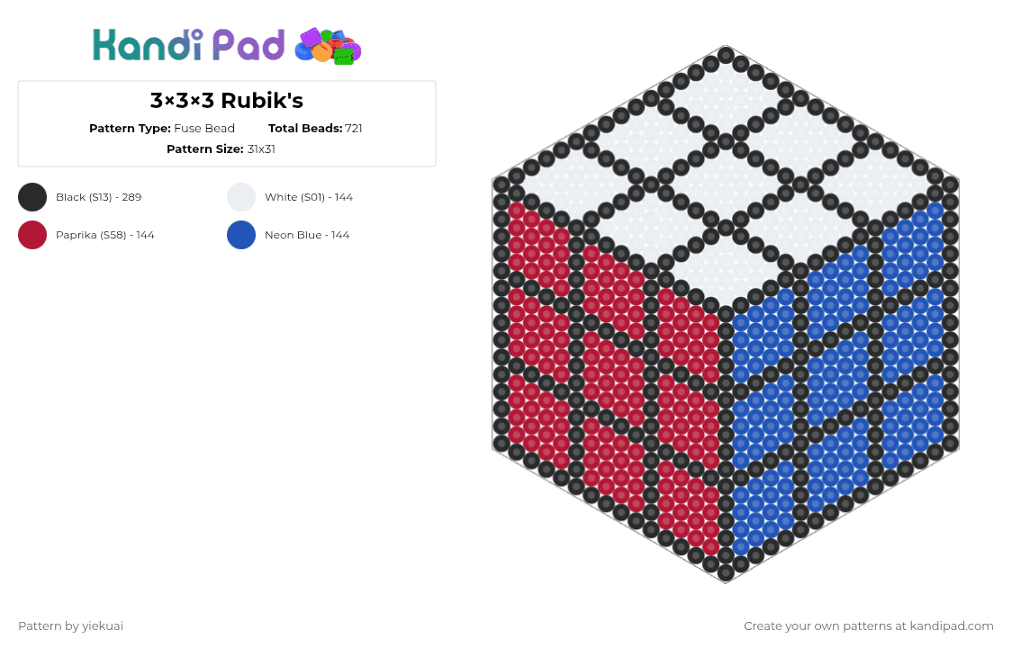 3×3×3 Rubik\'s - Fuse Bead Pattern by yiekuai on Kandi Pad - red,blue