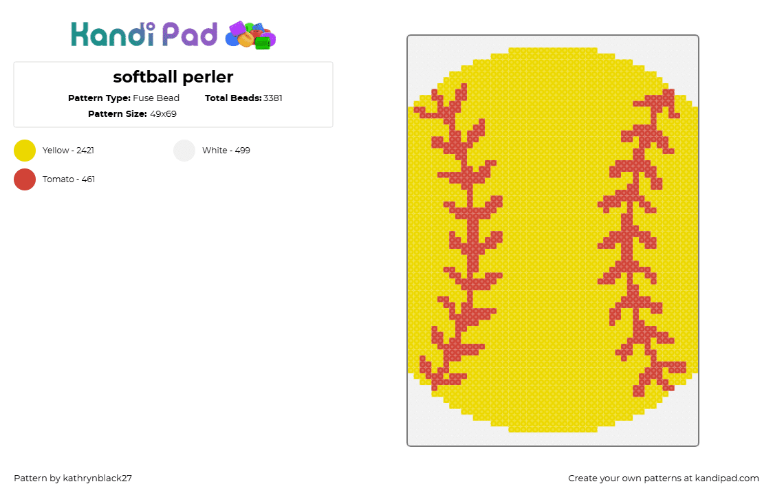 softball perler - Fuse Bead Pattern by kathrynblack27 on Kandi Pad - softball,baseball,sports,yellow,red