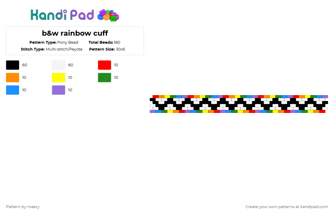 b&w rainbow cuff - Pony Bead Pattern by maery on Kandi Pad - white,orange,green,purple,colorful
