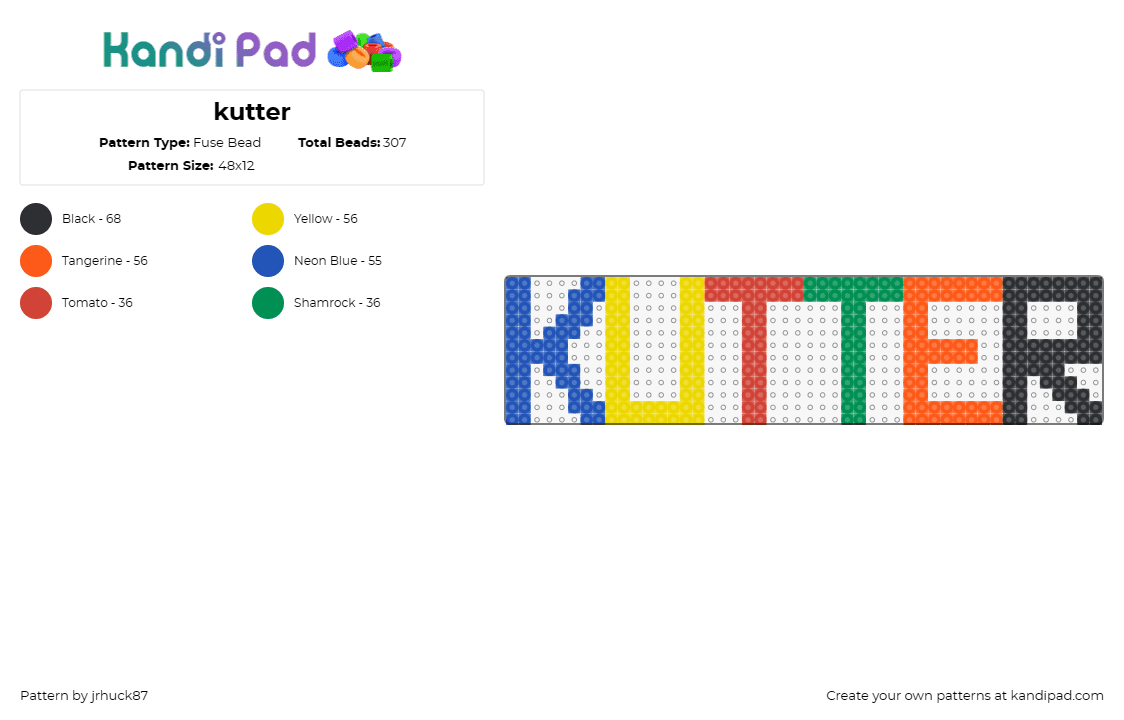 kutter - Fuse Bead Pattern by jrhuck87 on Kandi Pad - text,colorful,bold,personalize,style,stand out,vibrant