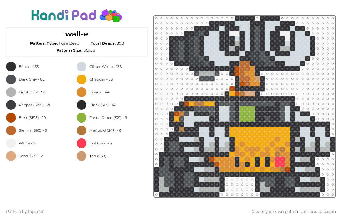 wall-e - Fuse Bead Pattern by tpperler on Kandi Pad - black,gray,beige,orange
