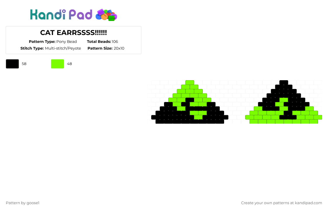 CAT EARRSSSS!!!!!! - Pony Bead Pattern by goose1 on Kandi Pad - black, green