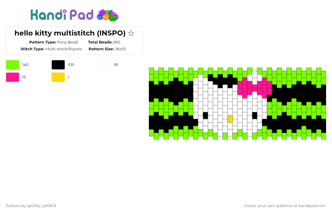 hello kitty multistitch (INSPO) ☆ - Pony Bead Pattern by thedanceversemenace on Kandi Pad - green,hello kitty,sanrio,multistitch,cuff,character,inspo pattern