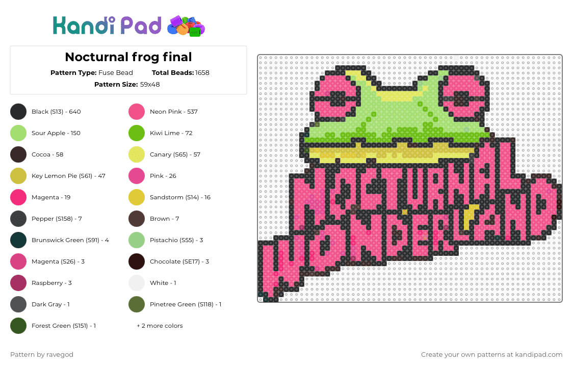 Nocturnal frog final - Fuse Bead Pattern by ravegod on Kandi Pad - nocturnal wonderland,frog,festival,logo,text,animal,amphibian,black,yellow,green,pink