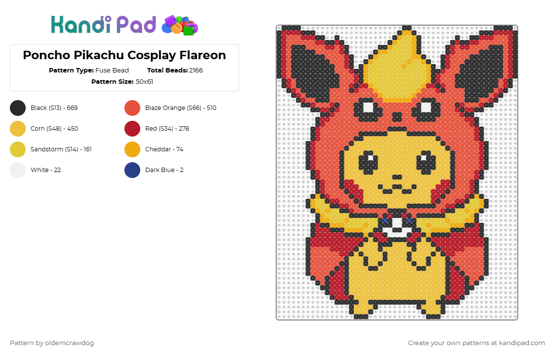 Poncho Pikachu Cosplay Flareon - Fuse Bead Pattern by oldemcrawdog on Kandi Pad - red,yellow