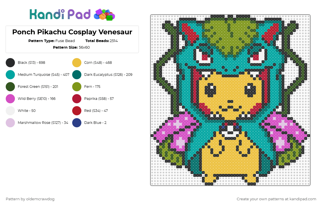 Ponch Pikachu Cosplay Venesaur - Fuse Bead Pattern by oldemcrawdog on Kandi Pad - pikachu,poncho,venusaur,costume,character,pokemon,cute,cosplay,anime,video game,animal,cartoon,gaming,gold,teal,yellow