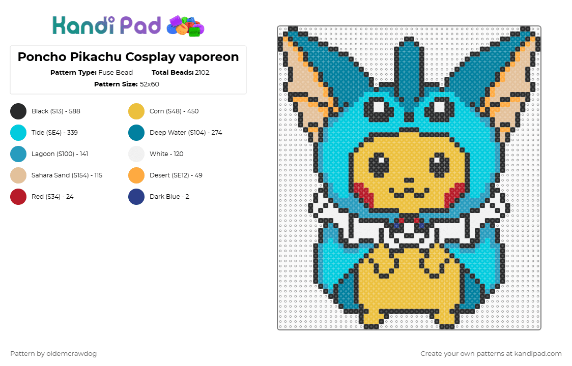Poncho Pikachu Cosplay vaporeon - Fuse Bead Pattern by oldemcrawdog on Kandi Pad - pikachu,vaporeon,costume,character,cute,pokemon,anime,cosplay,animal,video game,gaming,yellow,light blue,teal