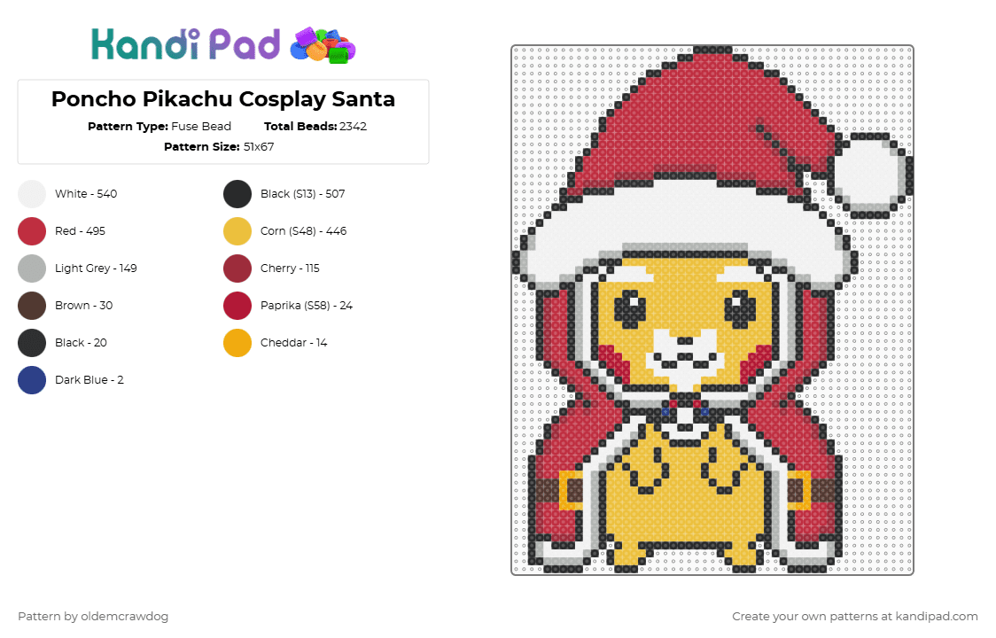 Poncho Pikachu Cosplay Santa - Fuse Bead Pattern by oldemcrawdog on Kandi Pad - yellow,red