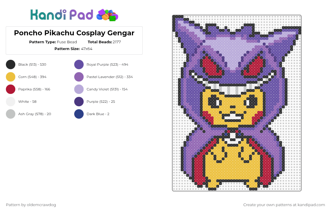 Poncho Pikachu Cosplay Gengar - Fuse Bead Pattern by oldemcrawdog on Kandi Pad - yellow,purple,pink