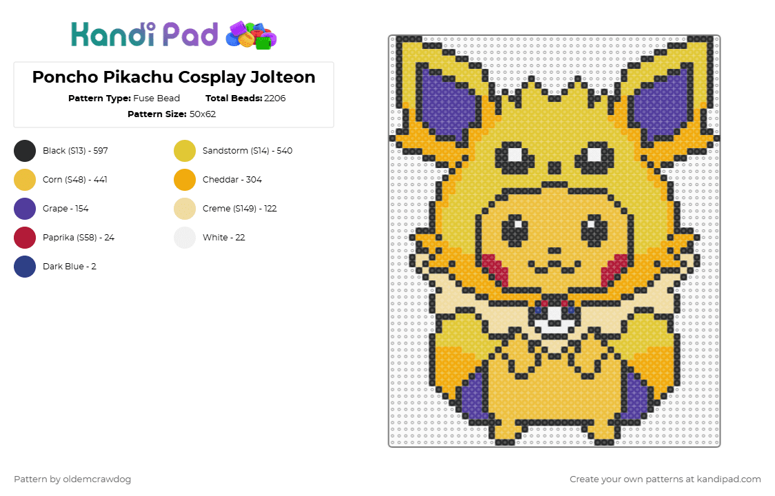 Poncho Pikachu Cosplay Jolteon - Fuse Bead Pattern by oldemcrawdog on Kandi Pad - pikachu,jolteon,costume,character,cute,pokemon,animal,cosplay,anime,video game,gaming,yellow,orange