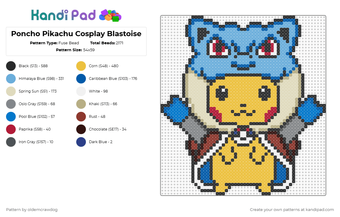 Poncho Pikachu Cosplay Blastoise - Fuse Bead Pattern by oldemcrawdog on Kandi Pad - blue,light blue,beige,yellow
