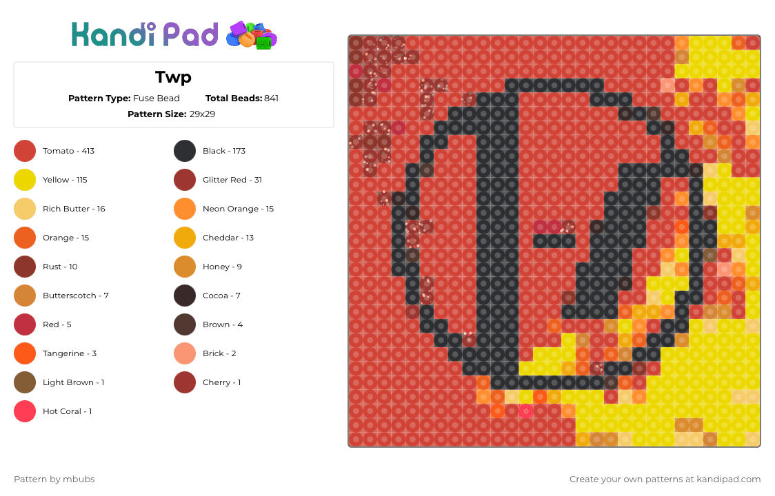 Twp - Fuse Bead Pattern by mbubs on Kandi Pad - red, yellow