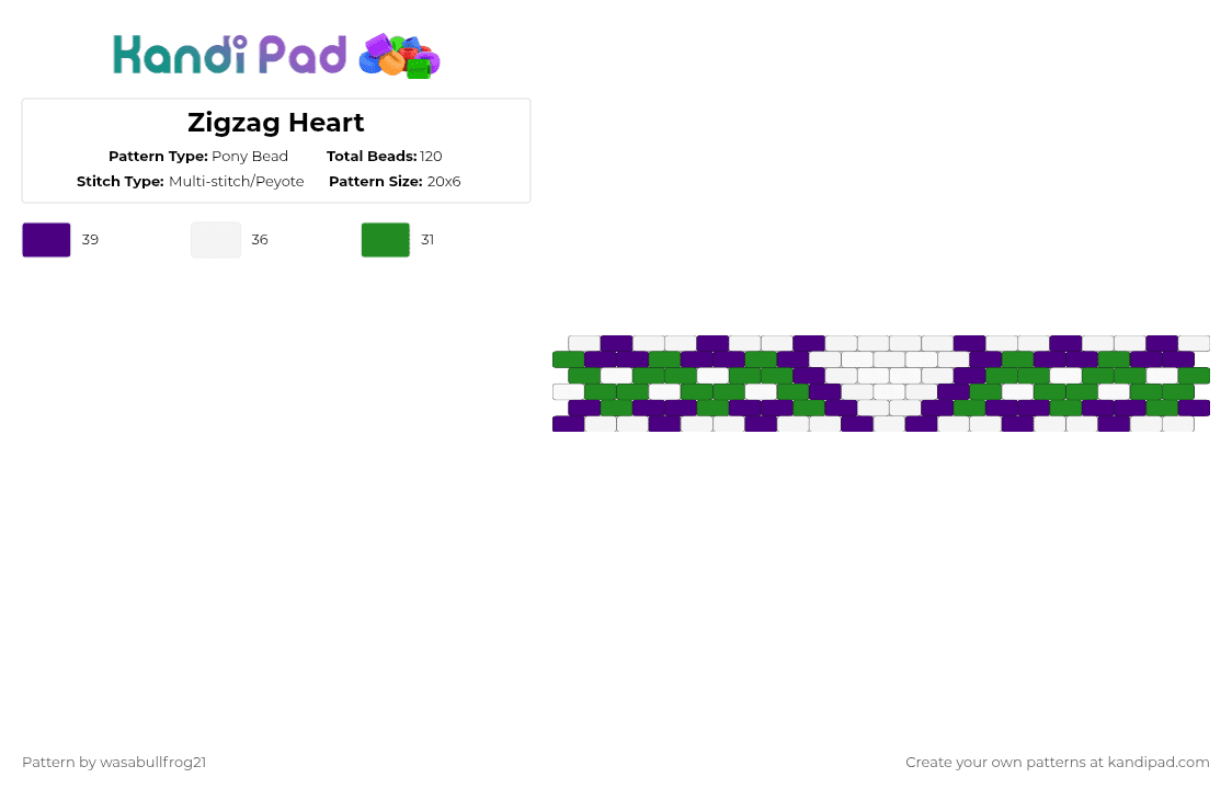 Zigzag Heart - Pony Bead Pattern by wasabullfrog21 on Kandi Pad - green,purple