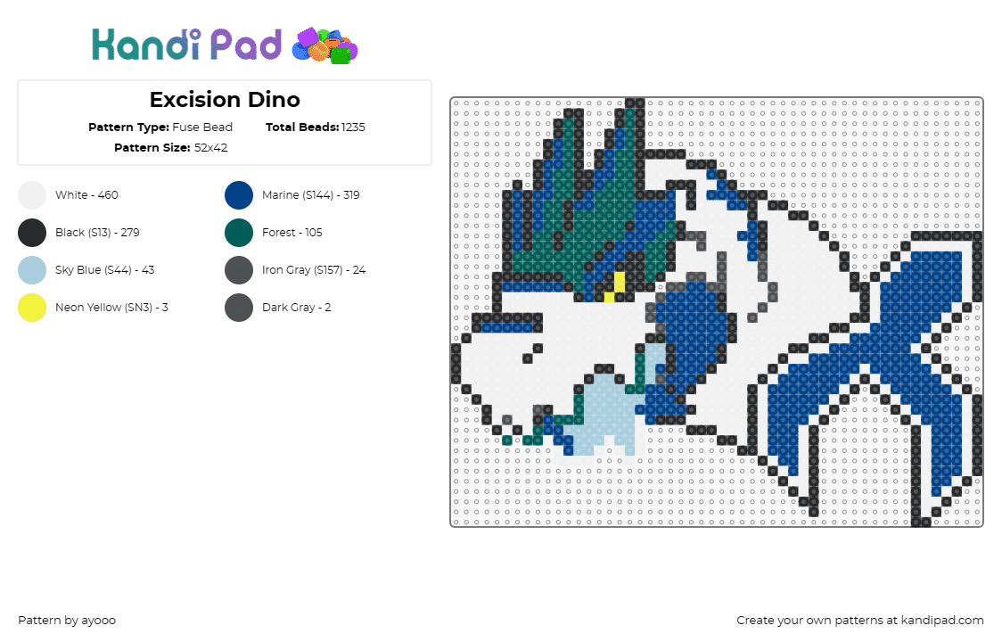 Excision Dino - Fuse Bead Pattern by ayooo on Kandi Pad - excision,dinosaur,music,edm,dj,prehistoric,logo,roar,blue