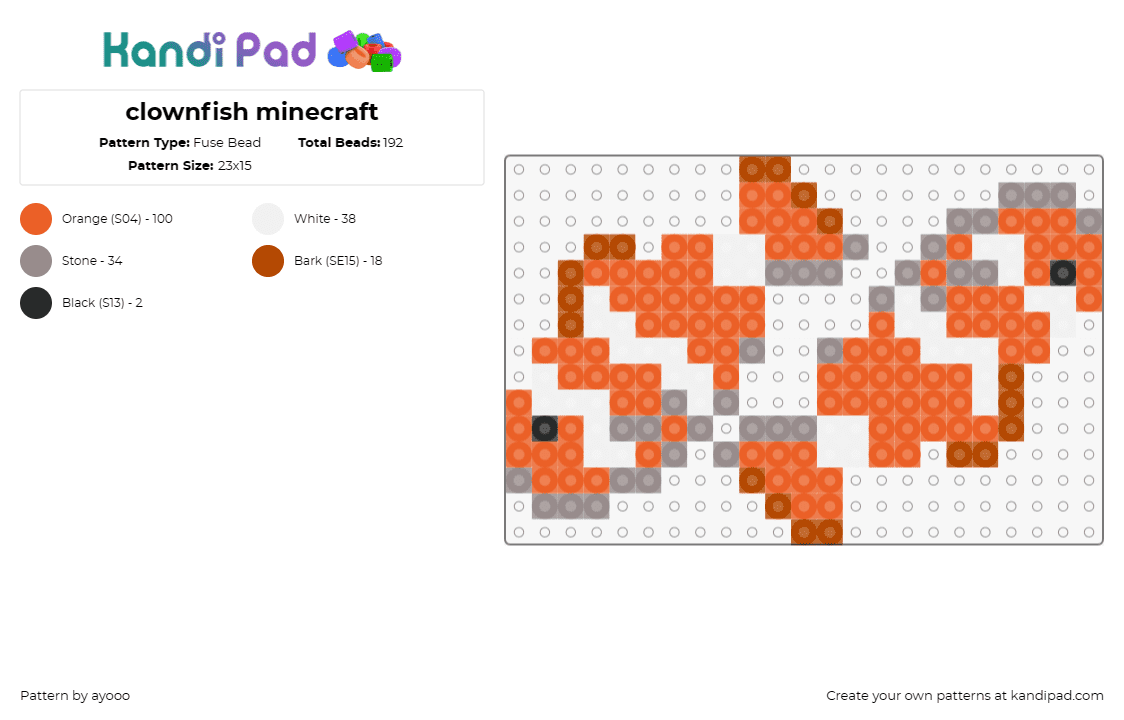 clownfish minecraft - Fuse Bead Pattern by ayooo on Kandi Pad - clown fish,minecraft,nemo,video game,animal,orange