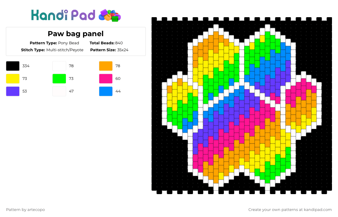 Paw bag panel - Pony Bead Pattern by artecopo on Kandi Pad - orange,yellow,green,pink