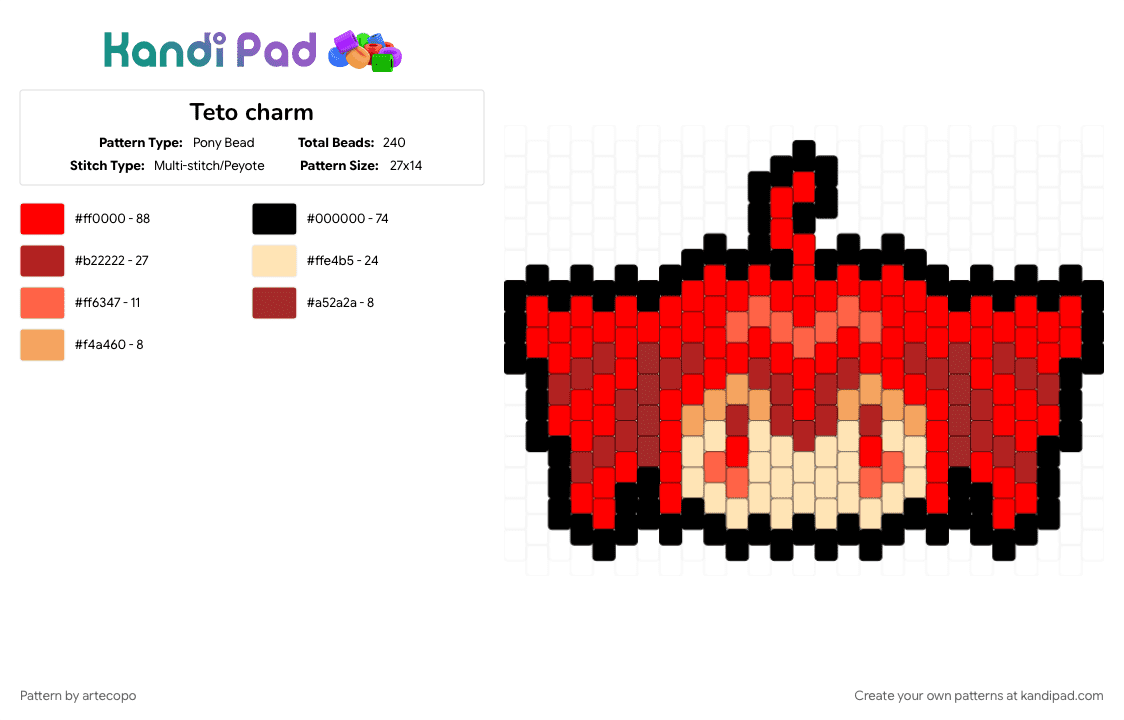 Teto charm - Pony Bead Pattern by artecopo on Kandi Pad - red