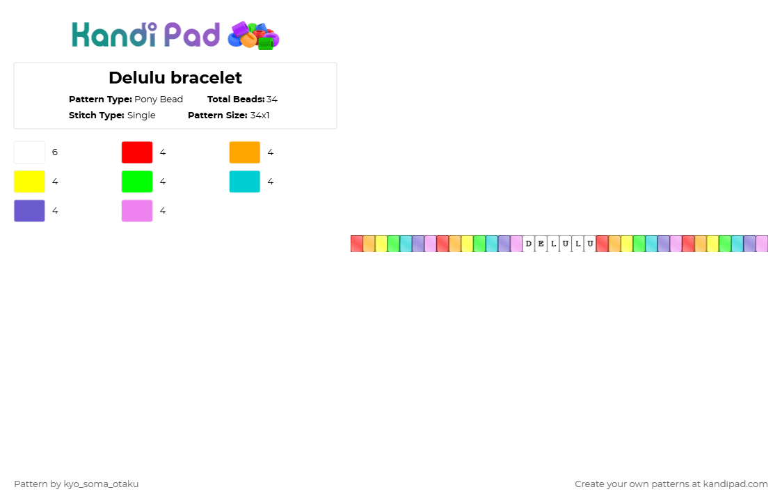 Delulu bracelet - Pony Bead Pattern by kyo_soma_otaku on Kandi Pad - orange,green,blue,colorful