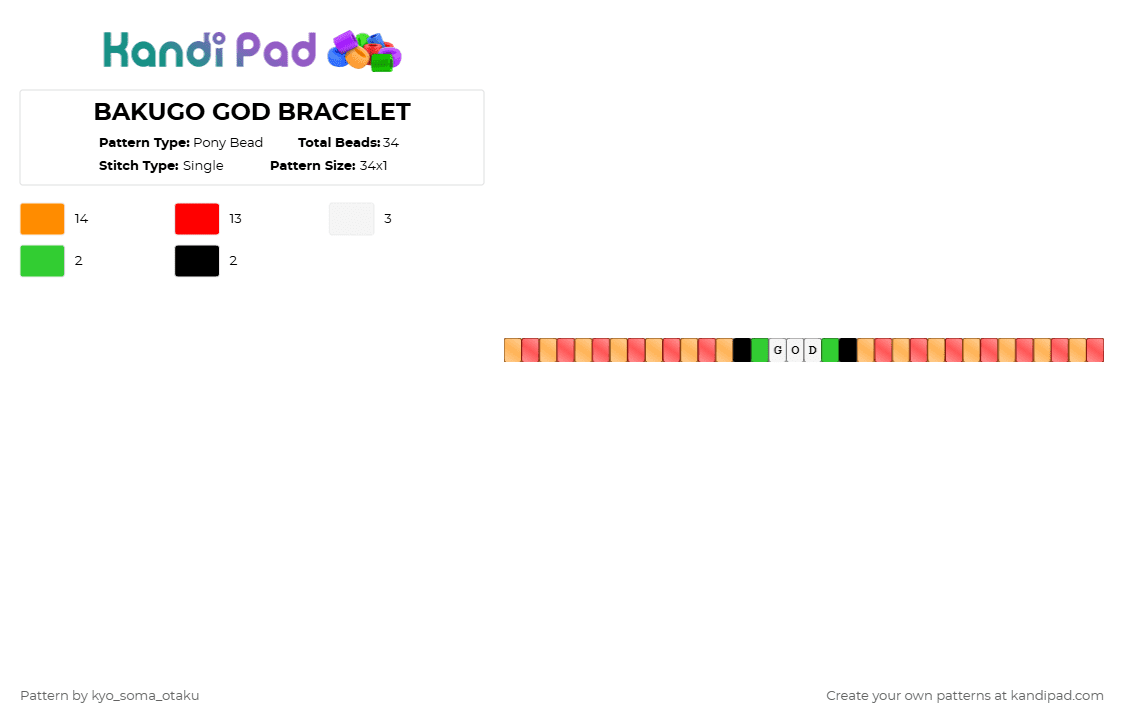 BAKUGO GOD BRACELET - Pony Bead Pattern by kyo_soma_otaku on Kandi Pad - orange,red