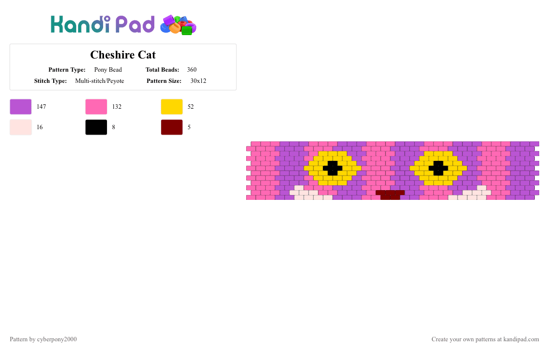 Cheshire Cat - Pony Bead Pattern by cyberpony2000 on Kandi Pad - pink,cheshirecat,alice in wonderland,wonderland,cyberpony
