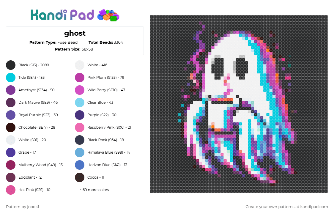 ghost - Fuse Bead Pattern by joook1 on Kandi Pad - black,white,pink,light blue,colorful