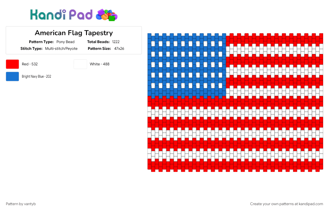 American Flag Tapestry - Pony Bead Pattern by vantyb on Kandi Pad - blue, red