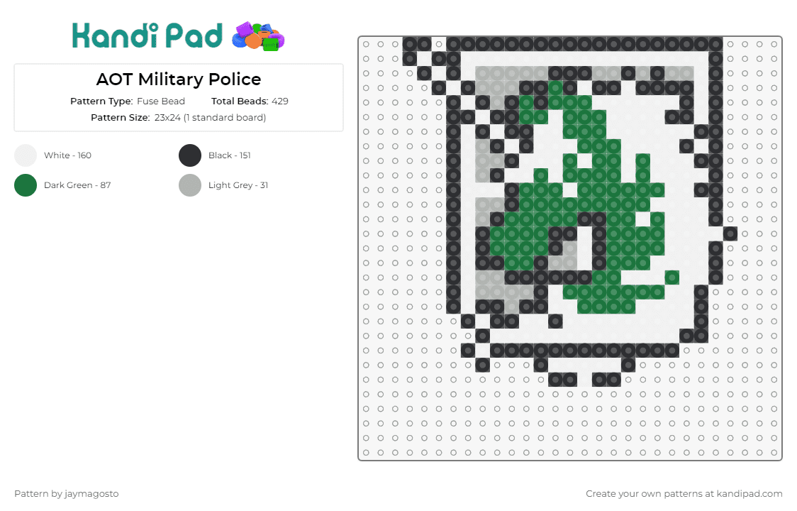 AOT Military Police - Fuse Bead Pattern by jaymagosto on Kandi Pad - aot,attack on titan,anime,shield,unicorn,horse,crest,heraldry,emblem,green,white