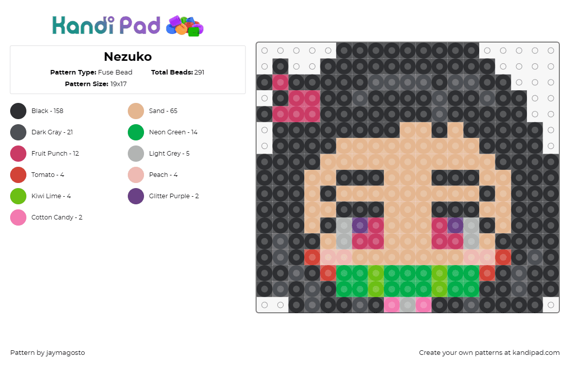 Nezuko - Fuse Bead Pattern by jaymagosto on Kandi Pad - nezuko kamado,demon slayer,character,head,anime,tv show,tan,green,black