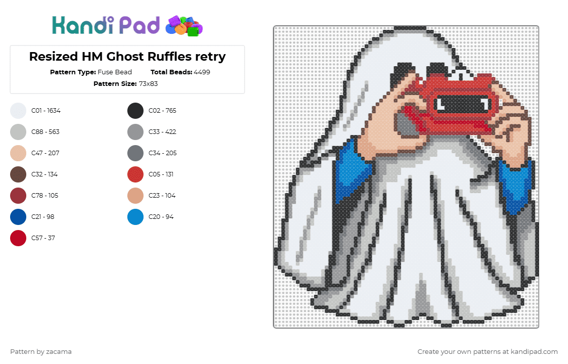 Resized HM Ghost Ruffles retry - Fuse Bead Pattern by zacama on Kandi Pad - ghost,costume,sheet,camera,spooky,halloween,white,gray,beige