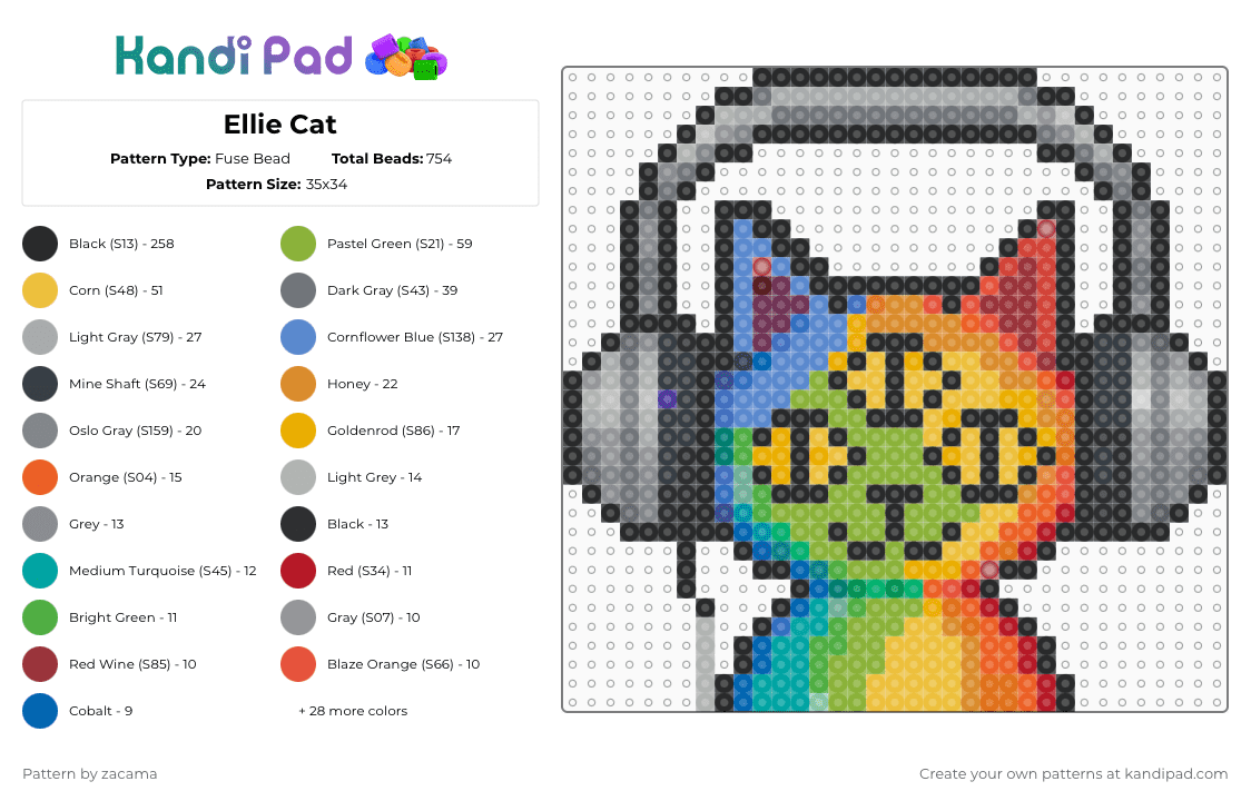 Ellie Cat - Fuse Bead Pattern by zacama on Kandi Pad - black,gray,red,yellow,green,colorful