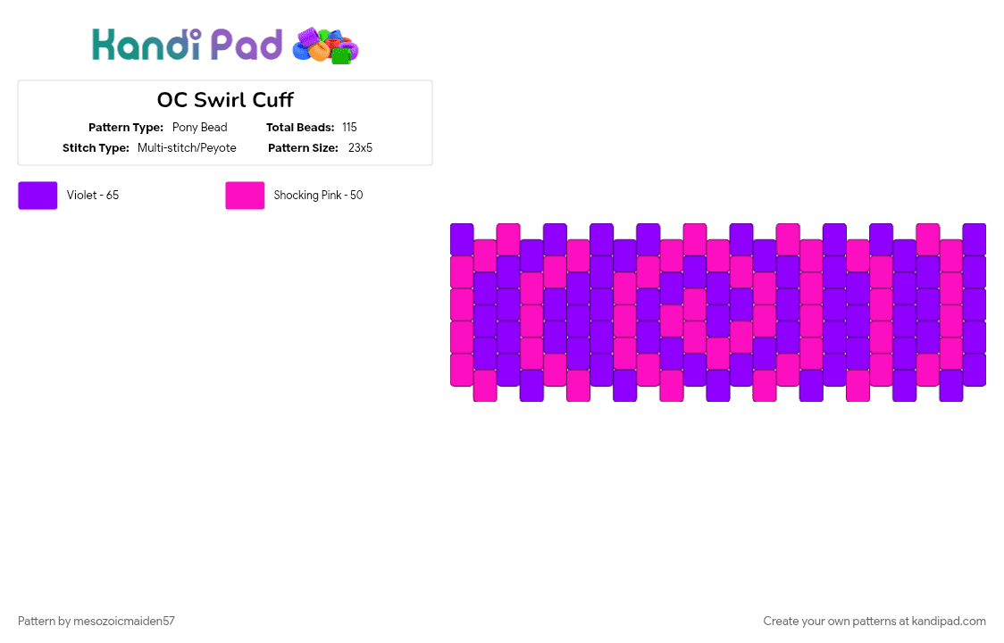 OC Swirl Cuff - Pony Bead Pattern by mesozoicmaiden57 on Kandi Pad - pink, purple