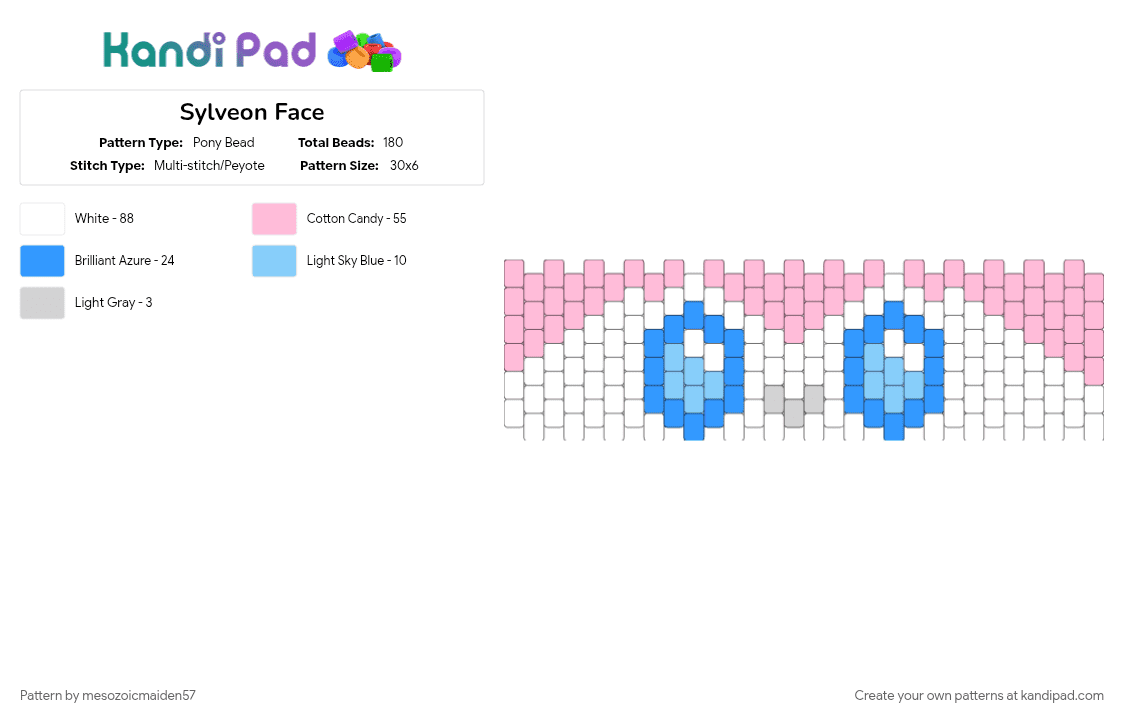 Sylveon Face - Pony Bead Pattern by mesozoicmaiden57 on Kandi Pad - eeveelution, gaming, light blue, pink, pokemon