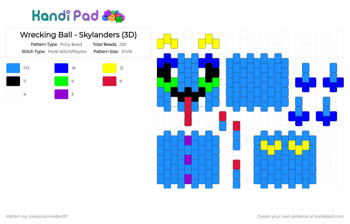 Wrecking Ball - Skylanders (3D) - Pony Bead Pattern by mesozoicmaiden57 on Kandi Pad - light blue,skylanders,worm,magic,3d