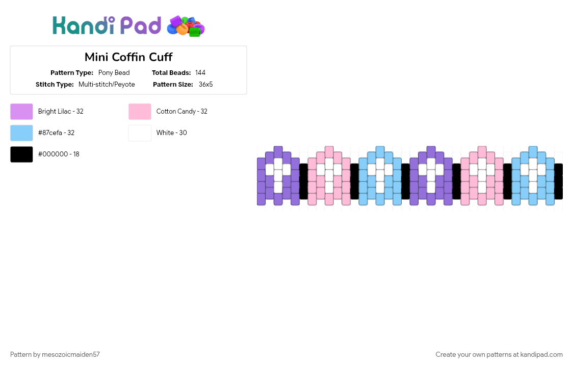 Mini Coffin Cuff - Pony Bead Pattern by mesozoicmaiden57 on Kandi Pad - cute, goth, gothic, halloween, light blue, pastel goth, pink, purple, spooky